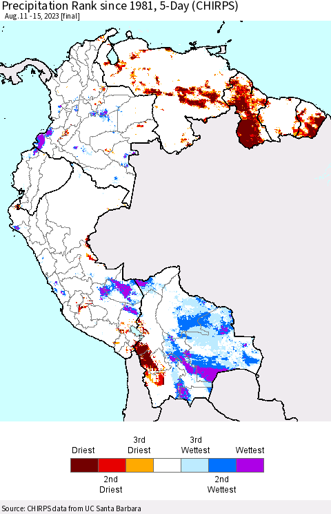 Northern South America Precipitation Rank since 1981, 5-Day (CHIRPS) Thematic Map For 8/11/2023 - 8/15/2023