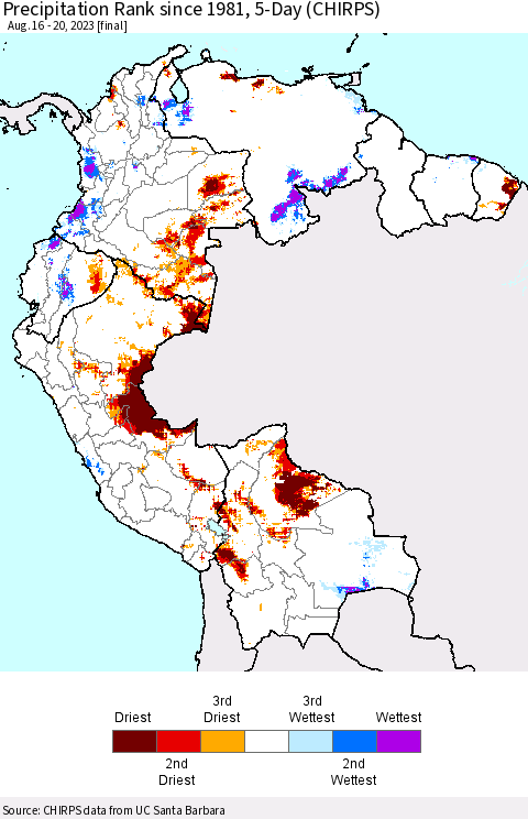 Northern South America Precipitation Rank since 1981, 5-Day (CHIRPS) Thematic Map For 8/16/2023 - 8/20/2023