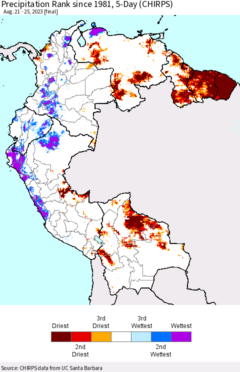 Northern South America Precipitation Rank since 1981, 5-Day (CHIRPS) Thematic Map For 8/21/2023 - 8/25/2023