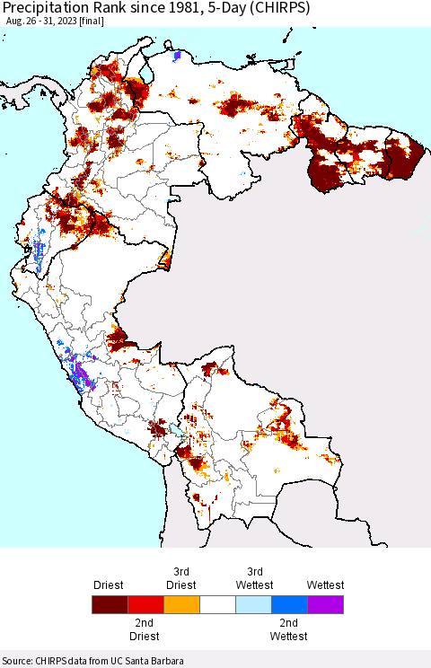 Northern South America Precipitation Rank since 1981, 5-Day (CHIRPS) Thematic Map For 8/26/2023 - 8/31/2023