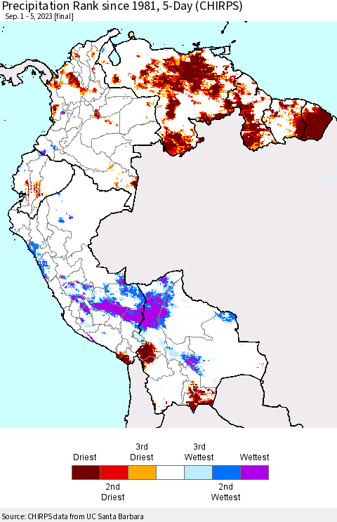 Northern South America Precipitation Rank since 1981, 5-Day (CHIRPS) Thematic Map For 9/1/2023 - 9/5/2023