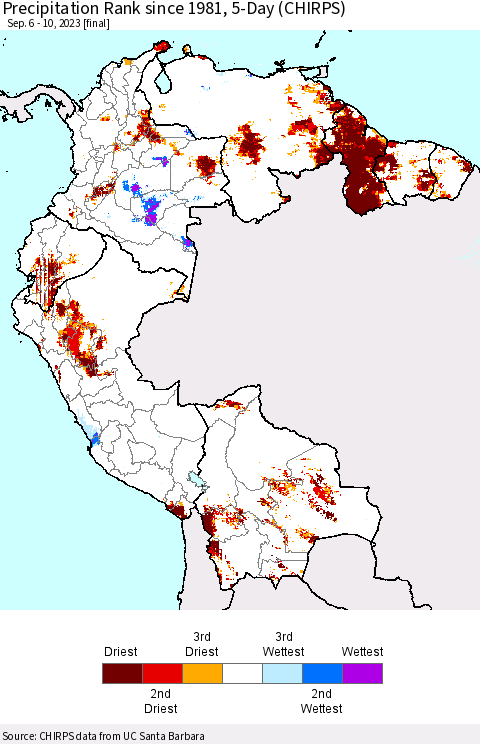 Northern South America Precipitation Rank since 1981, 5-Day (CHIRPS) Thematic Map For 9/6/2023 - 9/10/2023