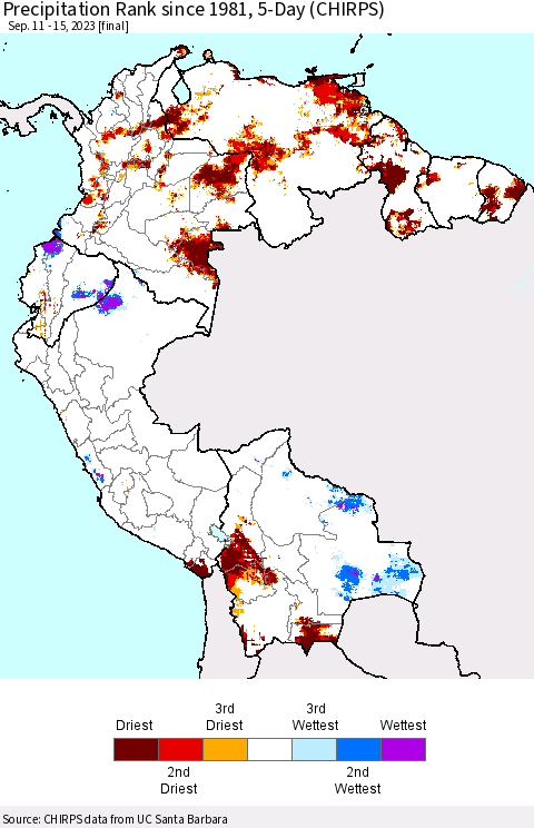 Northern South America Precipitation Rank since 1981, 5-Day (CHIRPS) Thematic Map For 9/11/2023 - 9/15/2023