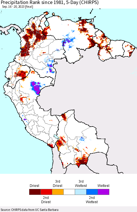 Northern South America Precipitation Rank since 1981, 5-Day (CHIRPS) Thematic Map For 9/16/2023 - 9/20/2023