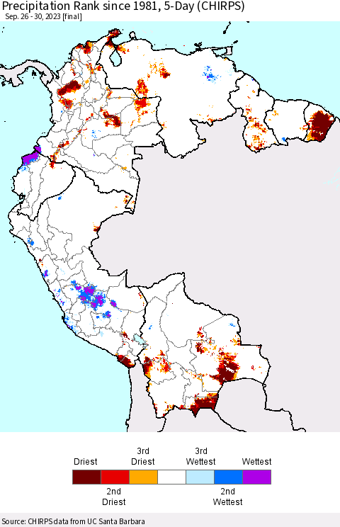 Northern South America Precipitation Rank since 1981, 5-Day (CHIRPS) Thematic Map For 9/26/2023 - 9/30/2023