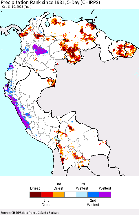 Northern South America Precipitation Rank since 1981, 5-Day (CHIRPS) Thematic Map For 10/6/2023 - 10/10/2023