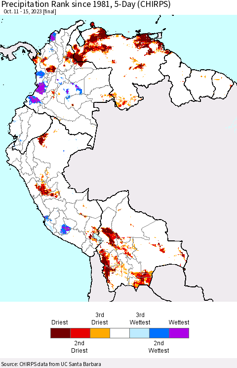 Northern South America Precipitation Rank since 1981, 5-Day (CHIRPS) Thematic Map For 10/11/2023 - 10/15/2023