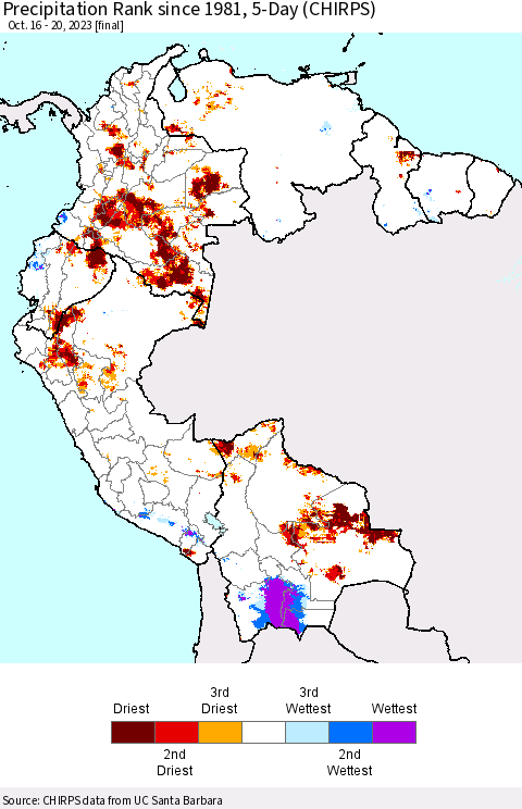 Northern South America Precipitation Rank since 1981, 5-Day (CHIRPS) Thematic Map For 10/16/2023 - 10/20/2023