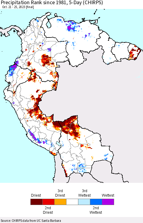 Northern South America Precipitation Rank since 1981, 5-Day (CHIRPS) Thematic Map For 10/21/2023 - 10/25/2023