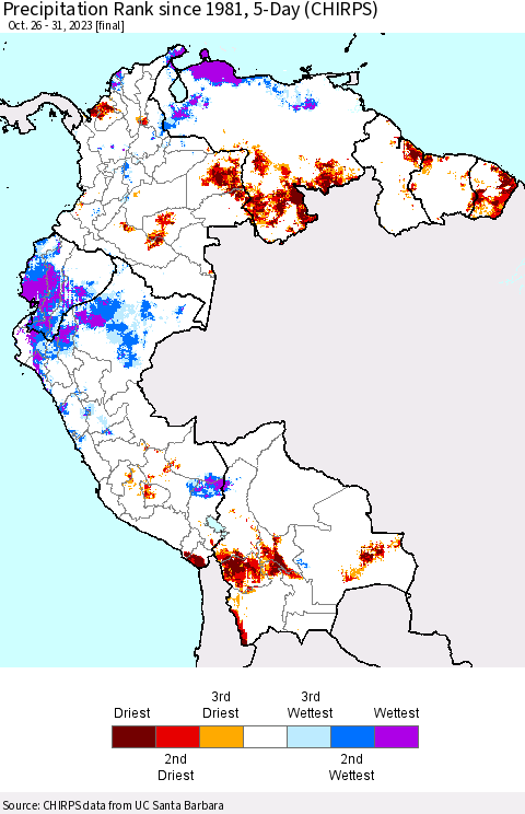Northern South America Precipitation Rank since 1981, 5-Day (CHIRPS) Thematic Map For 10/26/2023 - 10/31/2023