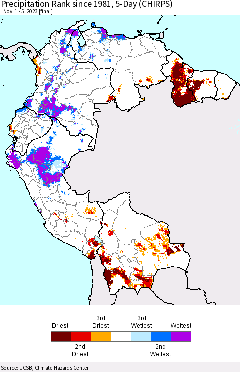 Northern South America Precipitation Rank since 1981, 5-Day (CHIRPS) Thematic Map For 11/1/2023 - 11/5/2023