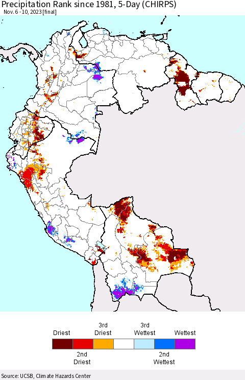 Northern South America Precipitation Rank since 1981, 5-Day (CHIRPS) Thematic Map For 11/6/2023 - 11/10/2023