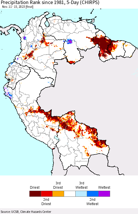 Northern South America Precipitation Rank since 1981, 5-Day (CHIRPS) Thematic Map For 11/11/2023 - 11/15/2023