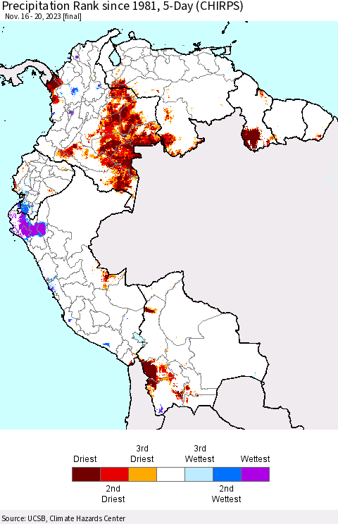Northern South America Precipitation Rank since 1981, 5-Day (CHIRPS) Thematic Map For 11/16/2023 - 11/20/2023