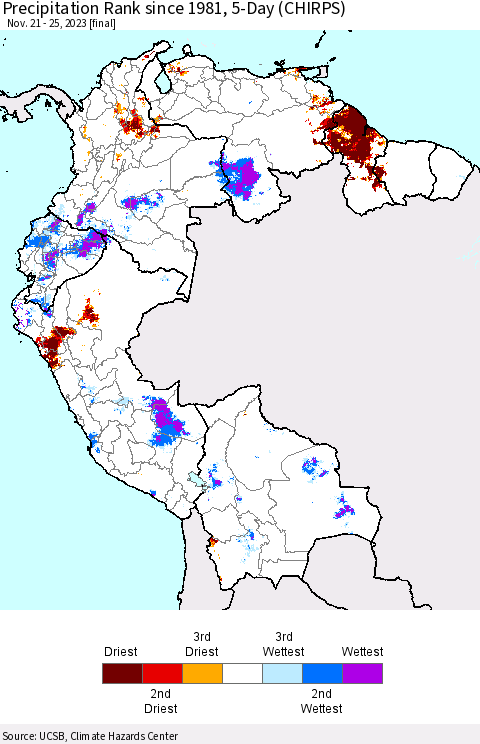 Northern South America Precipitation Rank since 1981, 5-Day (CHIRPS) Thematic Map For 11/21/2023 - 11/25/2023