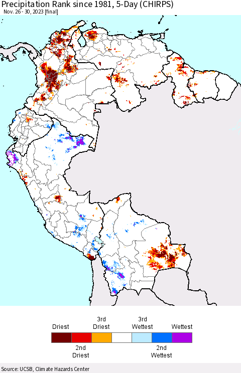 Northern South America Precipitation Rank since 1981, 5-Day (CHIRPS) Thematic Map For 11/26/2023 - 11/30/2023