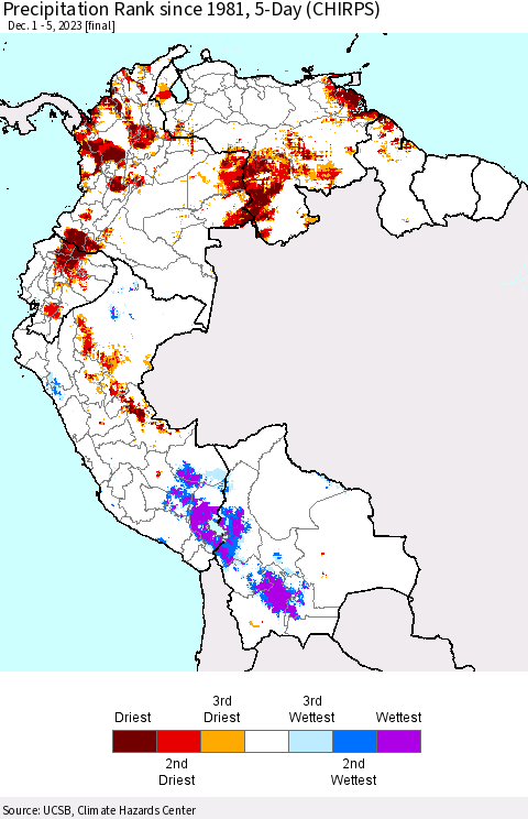 Northern South America Precipitation Rank since 1981, 5-Day (CHIRPS) Thematic Map For 12/1/2023 - 12/5/2023