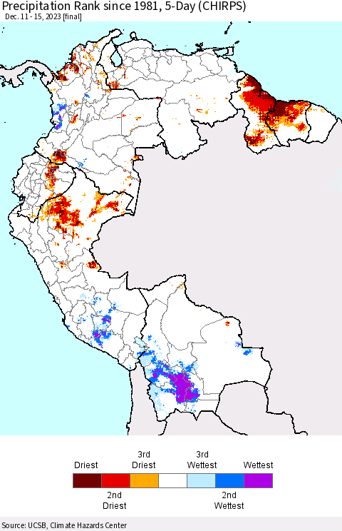Northern South America Precipitation Rank since 1981, 5-Day (CHIRPS) Thematic Map For 12/11/2023 - 12/15/2023