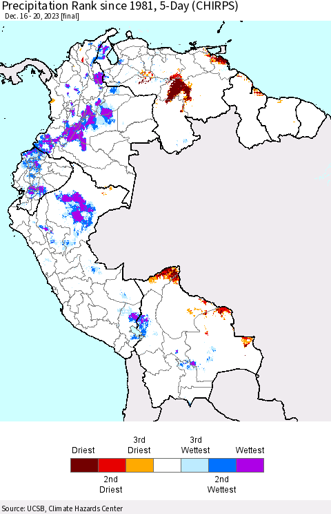 Northern South America Precipitation Rank since 1981, 5-Day (CHIRPS) Thematic Map For 12/16/2023 - 12/20/2023