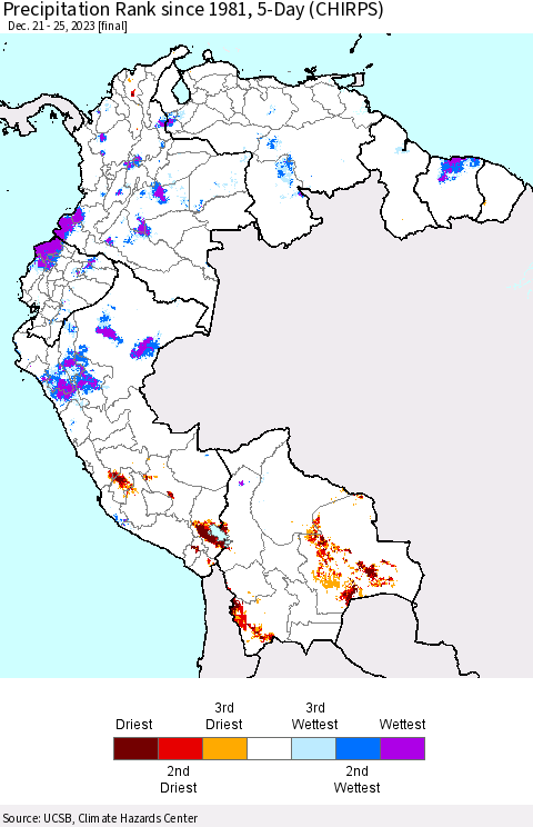 Northern South America Precipitation Rank since 1981, 5-Day (CHIRPS) Thematic Map For 12/21/2023 - 12/25/2023