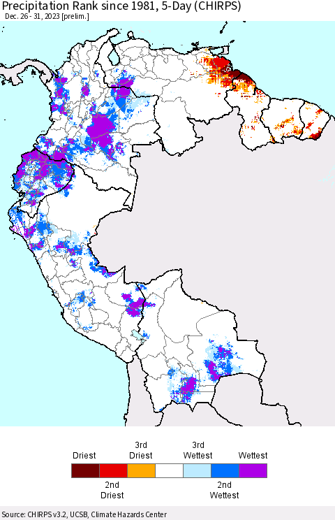 Northern South America Precipitation Rank since 1981, 5-Day (CHIRPS) Thematic Map For 12/26/2023 - 12/31/2023