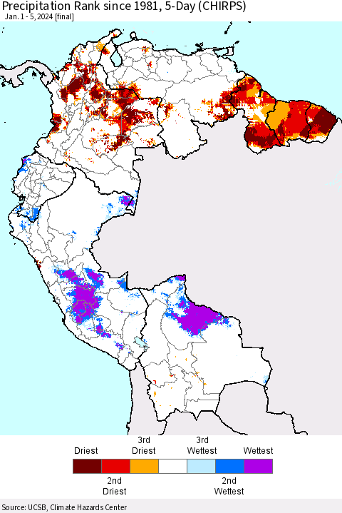 Northern South America Precipitation Rank since 1981, 5-Day (CHIRPS) Thematic Map For 1/1/2024 - 1/5/2024