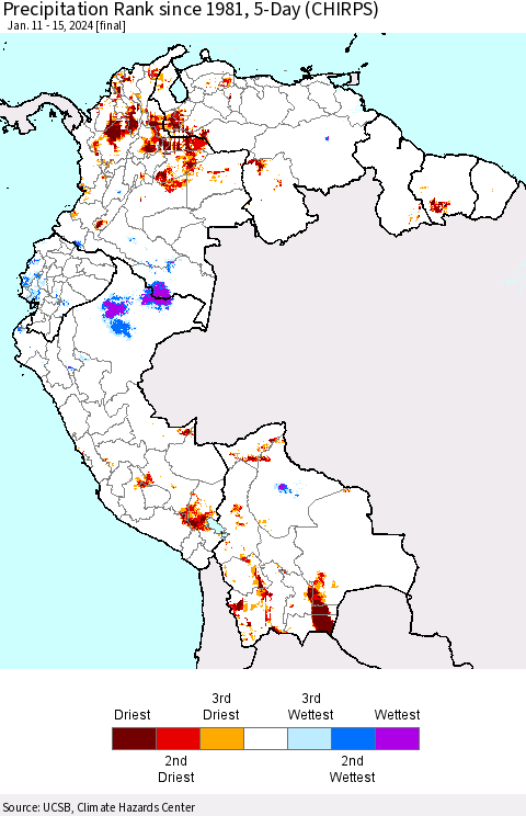 Northern South America Precipitation Rank since 1981, 5-Day (CHIRPS) Thematic Map For 1/11/2024 - 1/15/2024