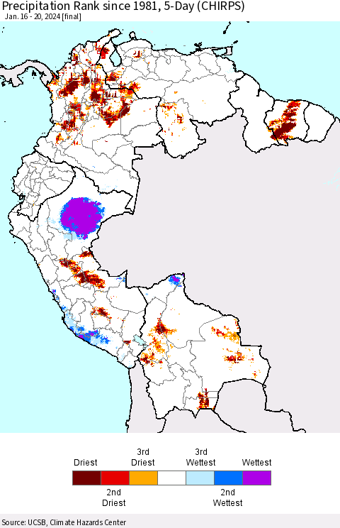 Northern South America Precipitation Rank since 1981, 5-Day (CHIRPS) Thematic Map For 1/16/2024 - 1/20/2024
