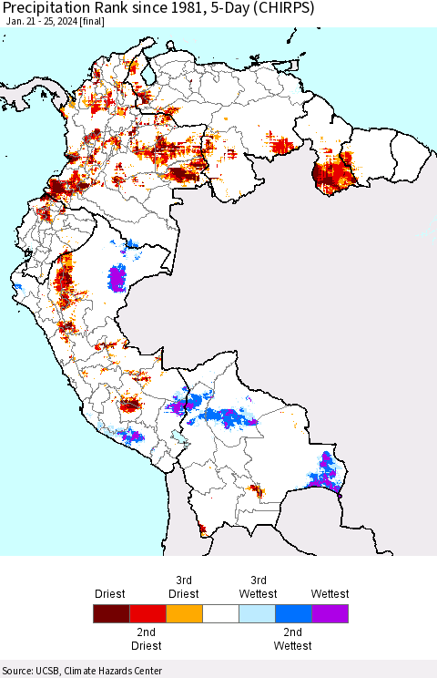 Northern South America Precipitation Rank since 1981, 5-Day (CHIRPS) Thematic Map For 1/21/2024 - 1/25/2024