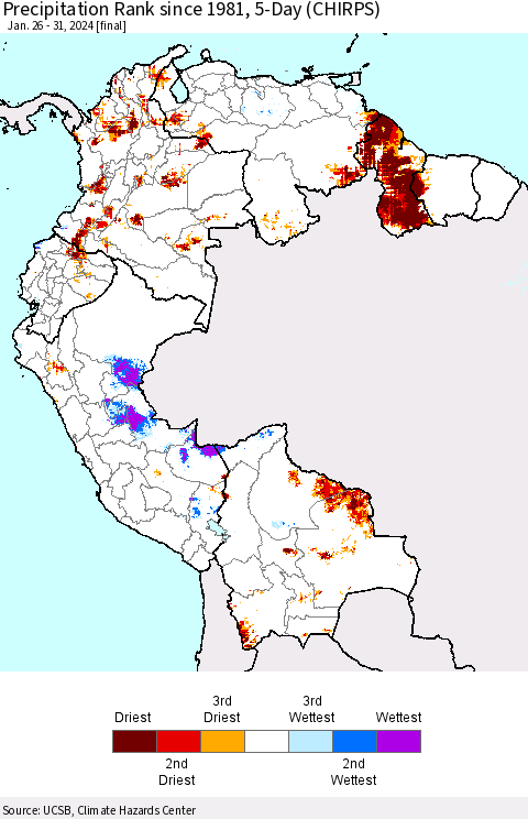 Northern South America Precipitation Rank since 1981, 5-Day (CHIRPS) Thematic Map For 1/26/2024 - 1/31/2024
