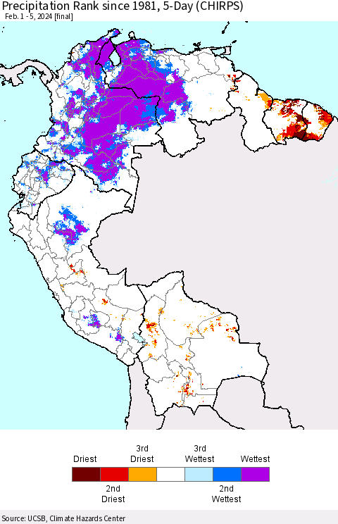 Northern South America Precipitation Rank since 1981, 5-Day (CHIRPS) Thematic Map For 2/1/2024 - 2/5/2024