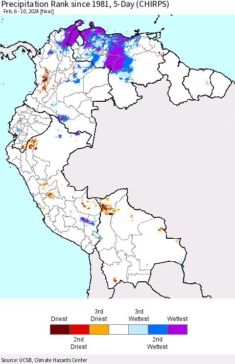Northern South America Precipitation Rank since 1981, 5-Day (CHIRPS) Thematic Map For 2/6/2024 - 2/10/2024