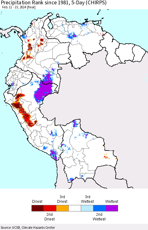 Northern South America Precipitation Rank since 1981, 5-Day (CHIRPS) Thematic Map For 2/11/2024 - 2/15/2024