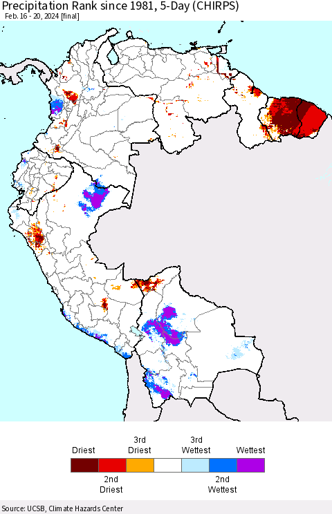 Northern South America Precipitation Rank since 1981, 5-Day (CHIRPS) Thematic Map For 2/16/2024 - 2/20/2024