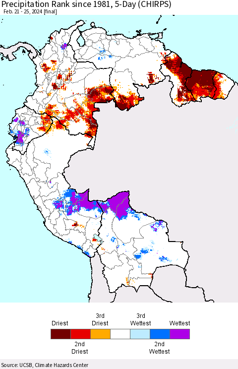 Northern South America Precipitation Rank since 1981, 5-Day (CHIRPS) Thematic Map For 2/21/2024 - 2/25/2024
