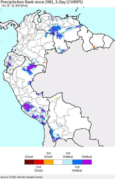 Northern South America Precipitation Rank since 1981, 5-Day (CHIRPS) Thematic Map For 2/26/2024 - 2/29/2024