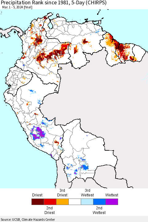 Northern South America Precipitation Rank since 1981, 5-Day (CHIRPS) Thematic Map For 3/1/2024 - 3/5/2024