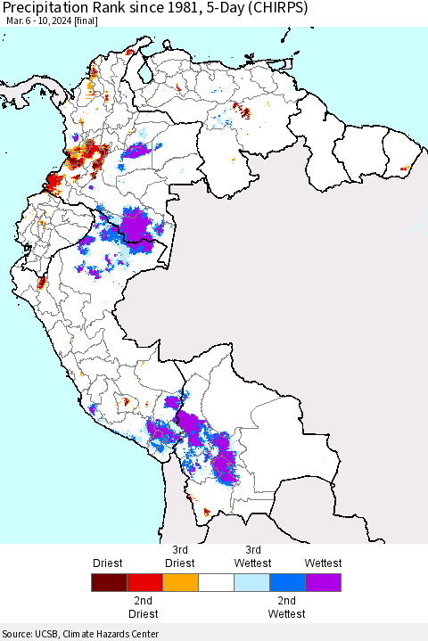 Northern South America Precipitation Rank since 1981, 5-Day (CHIRPS) Thematic Map For 3/6/2024 - 3/10/2024