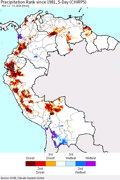 Northern South America Precipitation Rank since 1981, 5-Day (CHIRPS) Thematic Map For 3/11/2024 - 3/15/2024