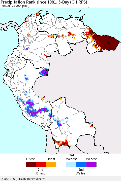 Northern South America Precipitation Rank since 1981, 5-Day (CHIRPS) Thematic Map For 3/21/2024 - 3/25/2024