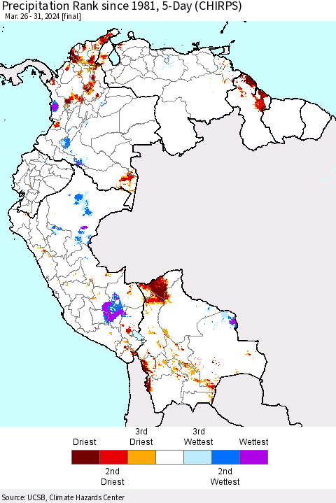 Northern South America Precipitation Rank since 1981, 5-Day (CHIRPS) Thematic Map For 3/26/2024 - 3/31/2024