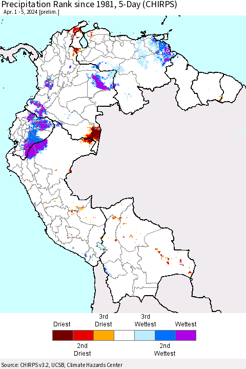 Northern South America Precipitation Rank since 1981, 5-Day (CHIRPS) Thematic Map For 4/1/2024 - 4/5/2024