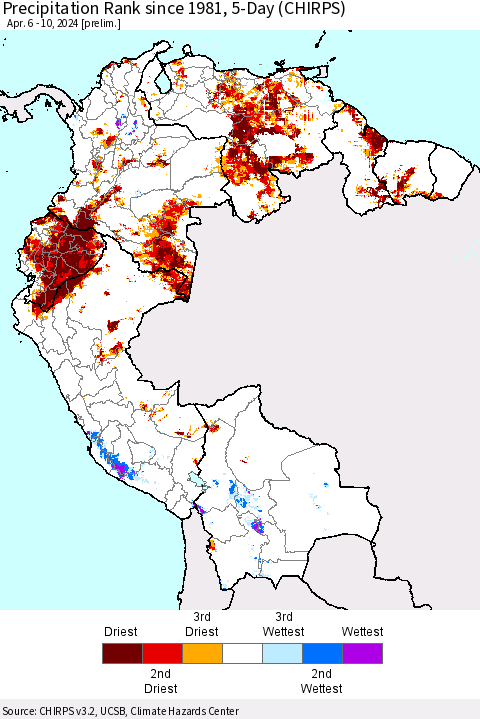 Northern South America Precipitation Rank since 1981, 5-Day (CHIRPS) Thematic Map For 4/6/2024 - 4/10/2024