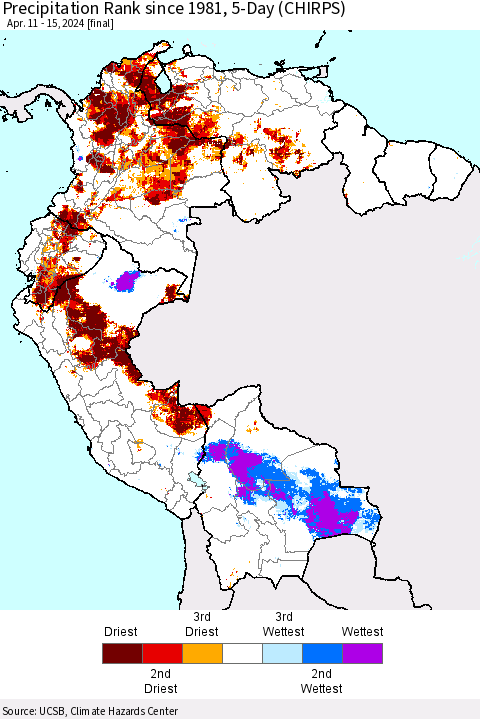 Northern South America Precipitation Rank since 1981, 5-Day (CHIRPS) Thematic Map For 4/11/2024 - 4/15/2024