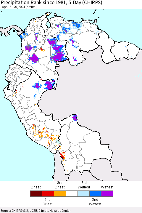 Northern South America Precipitation Rank since 1981, 5-Day (CHIRPS) Thematic Map For 4/16/2024 - 4/20/2024