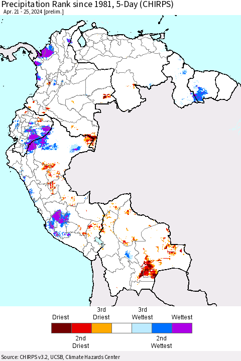 Northern South America Precipitation Rank since 1981, 5-Day (CHIRPS) Thematic Map For 4/21/2024 - 4/25/2024