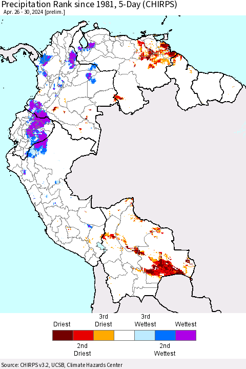 Northern South America Precipitation Rank since 1981, 5-Day (CHIRPS) Thematic Map For 4/26/2024 - 4/30/2024