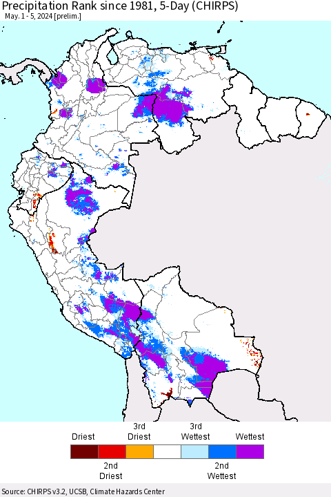 Northern South America Precipitation Rank since 1981, 5-Day (CHIRPS) Thematic Map For 5/1/2024 - 5/5/2024