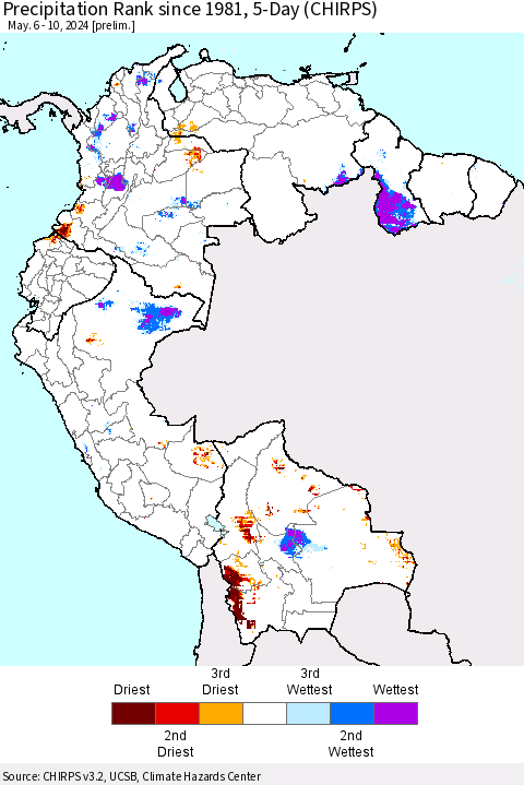 Northern South America Precipitation Rank since 1981, 5-Day (CHIRPS) Thematic Map For 5/6/2024 - 5/10/2024