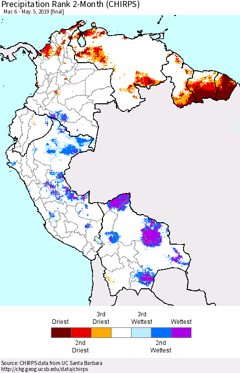 Northern South America Precipitation Rank since 1981, 2-Month (CHIRPS) Thematic Map For 3/6/2019 - 5/5/2019